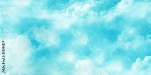 Abstract watercolor background . Grunge wallpaper of blue sky with white clouds . Summer heaven bright cloudscape .	