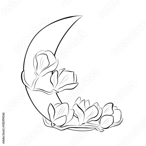 Continuous line drawing. line art magnolia on moon Vector Minimalistic mid-century design
