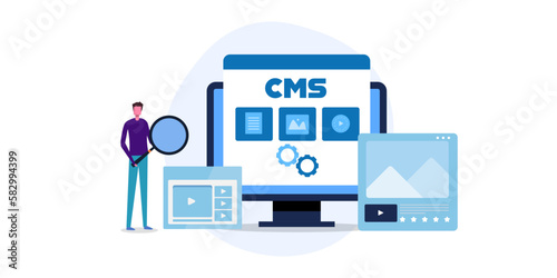 Content management system concept. Blogger with magnifier publish visual and text content on web, blog post social media communication technology, web banner vector illustration.