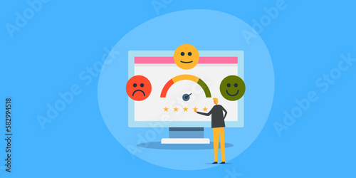 Customer satisfaction meter, client review rating emoticons explains positive experience level on computer screen, business concept vector illustration banner.