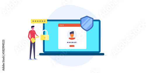Online account security man holding access key with password login panel on laptop screen, cyber security data protection internet privacy safety concept. Vector illustration banner template.