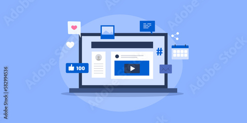 Vector illustration concept of social media application on computer screen, internet marketing influencer web analytics graphic.