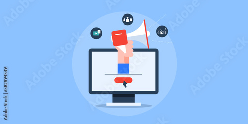 Digital marketing grabbing online attention, business advertising sales promotion hand holding megaphone on computer screen vector illustration.