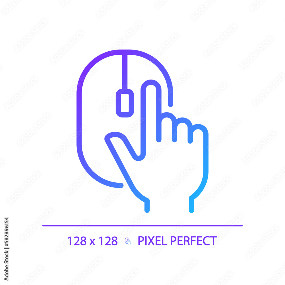Hand with computer mouse pixel perfect gradient linear vector icon. Computer controller device. Clicking PC accessory. Thin line color symbol. Modern style pictogram. Vector isolated outline drawing