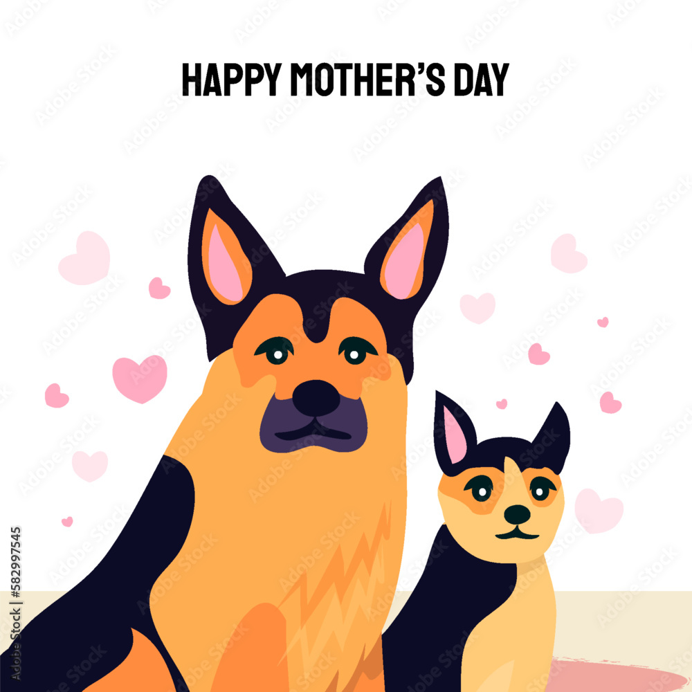 Happy Mother's day design with German shepherd dog and little baby puppy around her. For shephard lovers every where. Love you mom. Best mom ever. International Pet day. Happy Mother's day design with German shepherd dog and little baby puppy around her. For shephard lovers every where. Love you mom. Best mom ever. International Pet day.