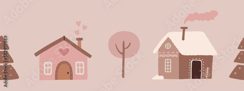 Cute houses and trees hand drawn seamless border