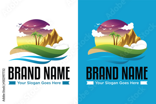 modern Tropical island landscape with palms and mountain illustration logo design