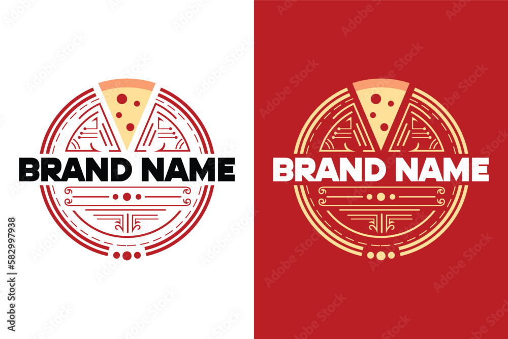 simple line circular pizza food illustration logo design