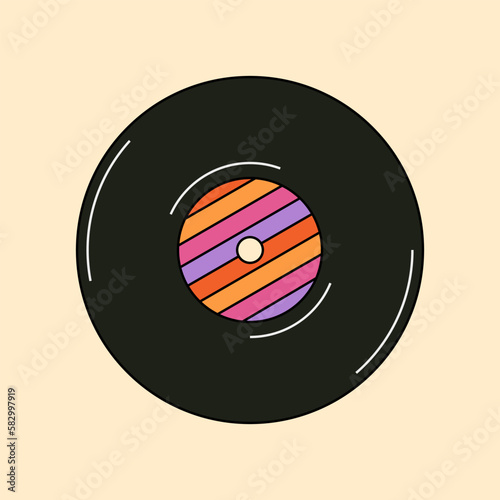 Abstract psychedelic vinyl record illustration in 70s and 80s style. Music concept, trippy art. Vintage hippie drawing. Groovy vector graphic.