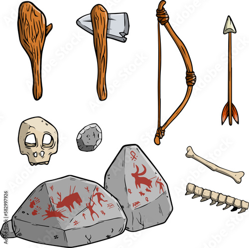 Set of items of primitive man and hunter