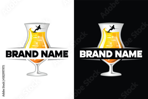  simple modern Wine Glass with wave and water ski illustration logo design