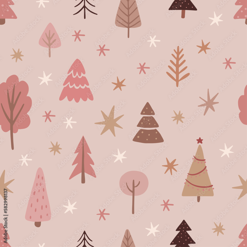 Seamless christmas pattern with pink pastel christmas trees, star and gold glitter.