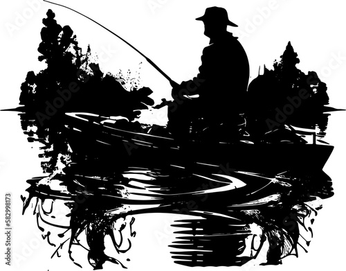 Vector image of fisherman in boat with fishing rod in his hands. Silhouette.