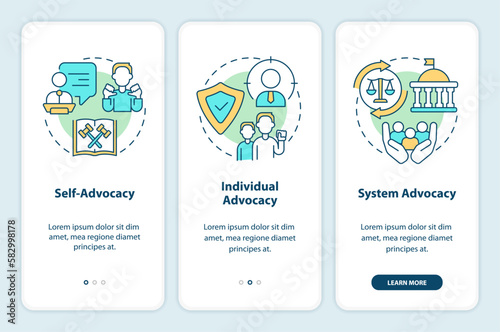 Types of advocacy onboarding mobile app screen. Legal protection walkthrough 3 steps editable graphic instructions with linear concepts. UI, UX, GUI template. Myriad Pro-Bold, Regular fonts used