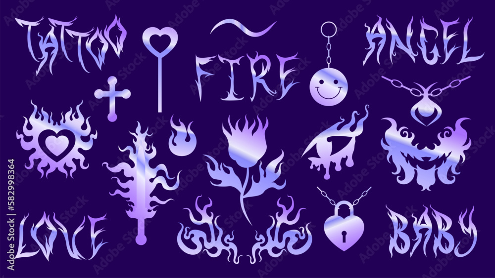 Obraz premium Y2k metal holographic sticker set. Shine holo gradient flame and fire, chain, heart, sword, flower, necklace Vector foil 2000s style. 90s, 00s aesthetic trendy emo goth EPS