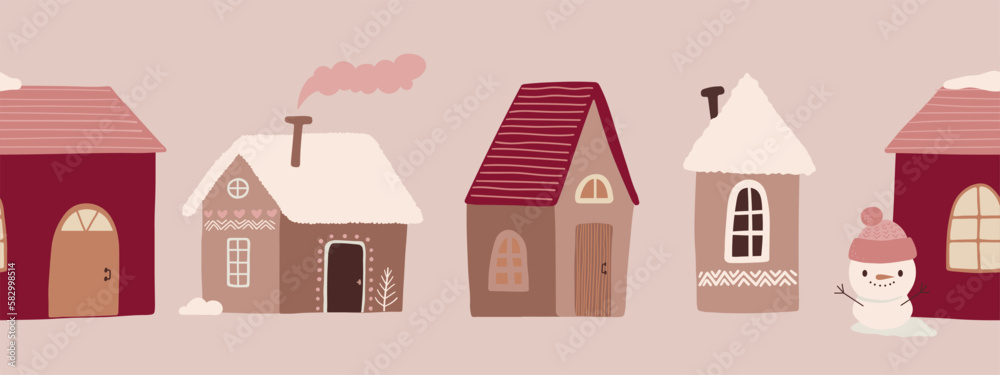 Cute houses and trees hand drawn seamless border