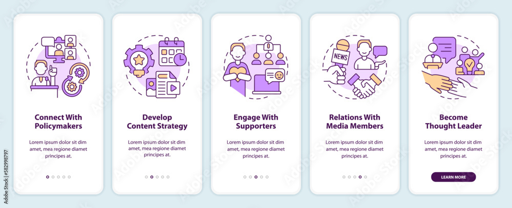 Social media strategies for advocacy onboarding mobile app screen. Walkthrough 5 steps editable graphic instructions with linear concepts. UI, UX, GUI template. Myriad Pro-Bold, Regular fonts used