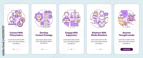 Social media strategies for advocacy onboarding mobile app screen. Walkthrough 5 steps editable graphic instructions with linear concepts. UI, UX, GUI template. Myriad Pro-Bold, Regular fonts used