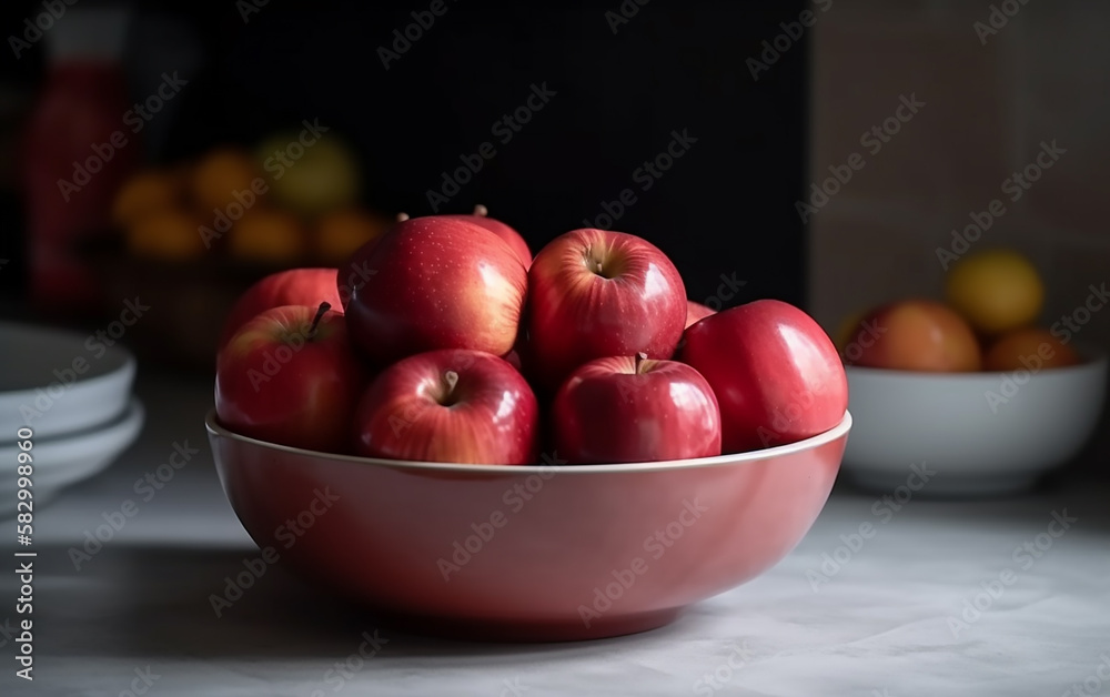 Bowl filled with shiny red apples on a countertop, with dishes and other fruits subtly visible in the dim background. Bowl filled with shiny red apples on a countertop, with dishes and other fruits subtly visible in the dim background.