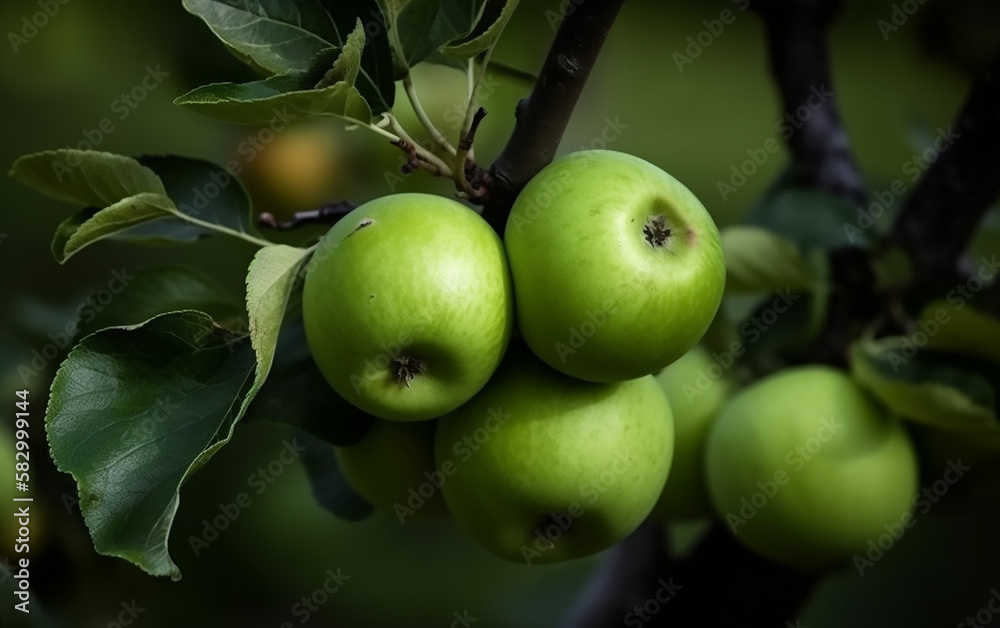 Detailed image of a cluster of green apples with visible textures, attached to a tree branch.