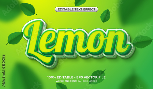Realistic lemon text effect. Editable yellow, green, and white font effect combination and scattered leaves