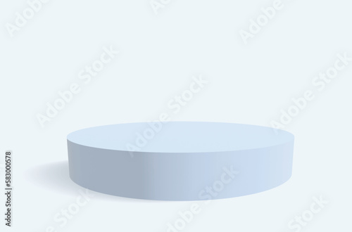 Minimalist 3D Vector Composition with a Pastel Blue Low Cylindrical Podium on a Very Bright Blue Background, ideal for Product Presentation. Simple Geometric Mokup Product Display. Round Stage.