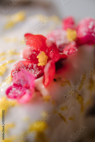 Macro photo of cheesecake with sweet cream sauce and lemon zest  decorated with an edible pink flower
