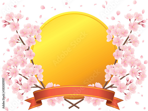 交差した桜の枝と桜吹雪、金色メダルと赤りぼんのイラスト