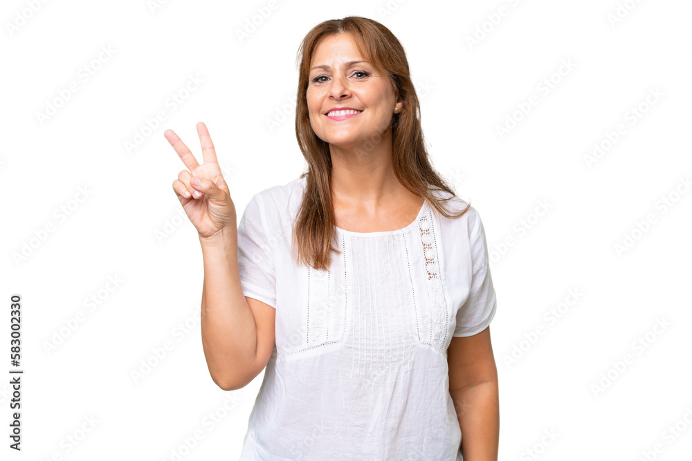 Middle-aged caucasian woman over isolated background smiling and showing victory sign Middle-aged caucasian woman over isolated background smiling and showing victory sign