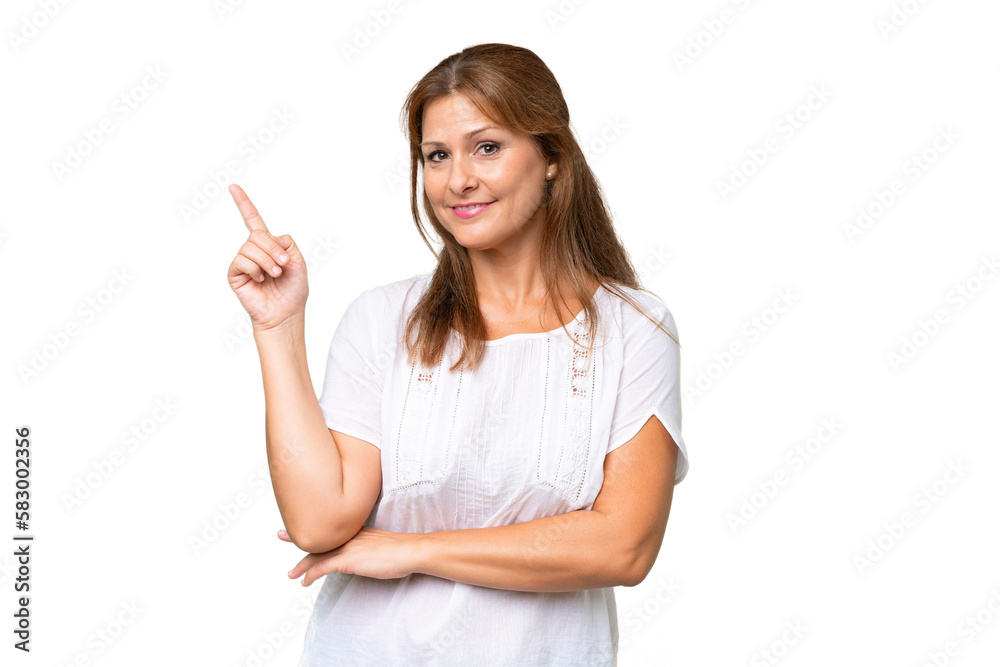 Middle-aged caucasian woman over isolated background happy and pointing up Middle-aged caucasian woman over isolated background happy and pointing up