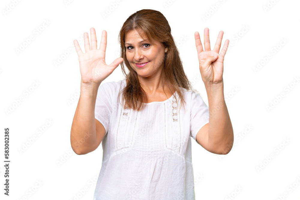 Middle-aged caucasian woman over isolated background counting nine with fingers Middle-aged caucasian woman over isolated background counting nine with fingers