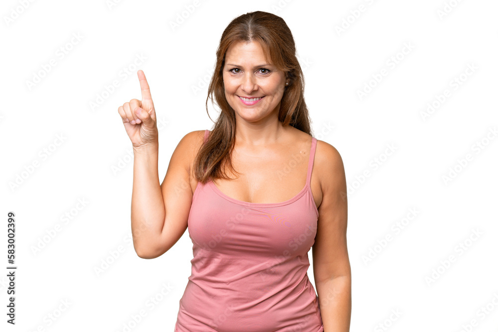 Middle-aged caucasian woman over isolated background pointing up a great idea Middle-aged caucasian woman over isolated background pointing up a great idea