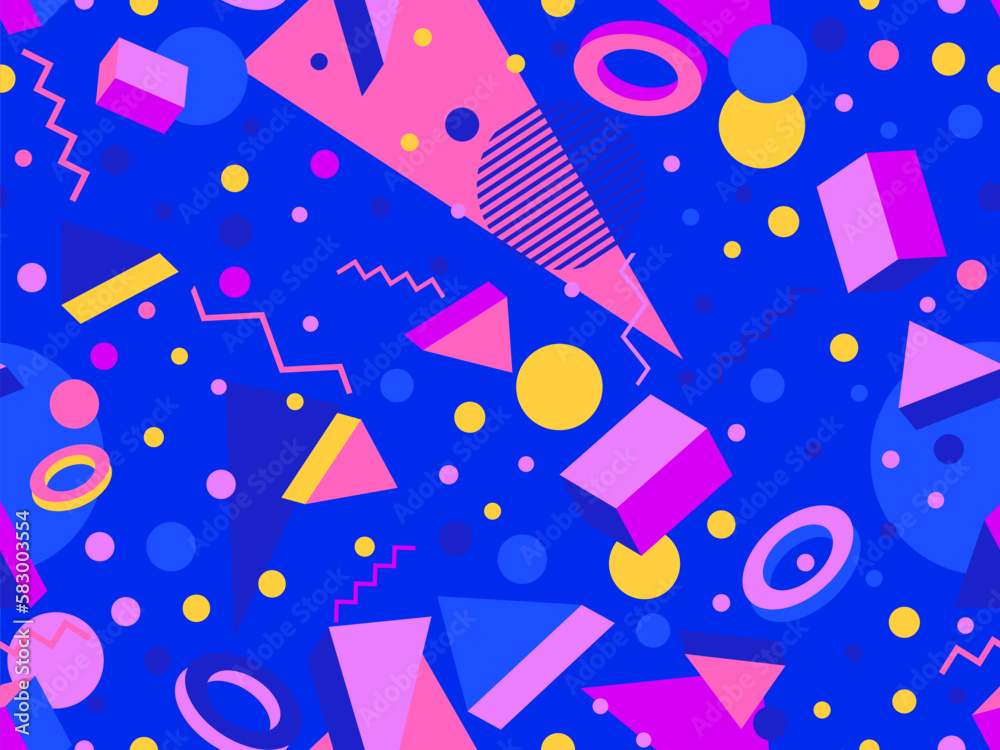 Seamless geometric pattern in 80s memphis style. Colorful geometric shapes. Design of promotional products, wrapping paper and printing. Vector illustration Seamless geometric pattern in 80s memphis style. Colorful geometric shapes. Design of promotional products, wrapping paper and printing. Vector illustration