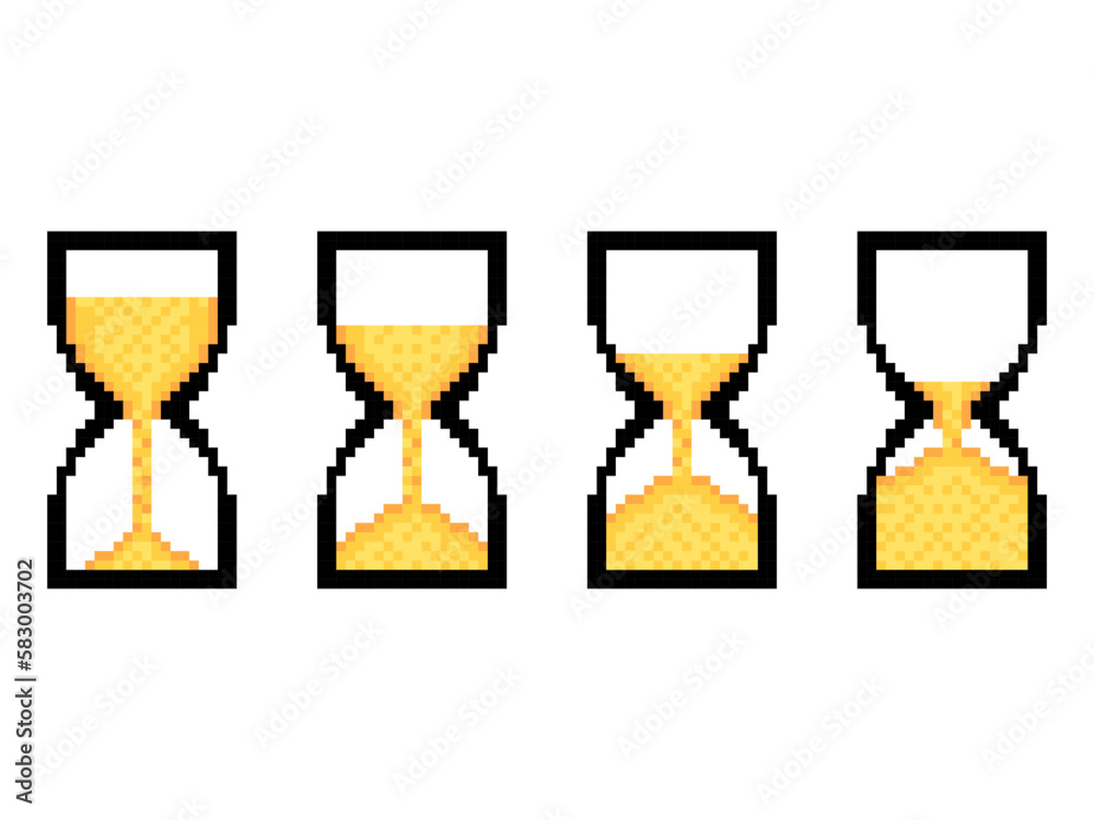 Pixel hourglass icon set isolated on white background. 8 bit sandglass timer in 2d retro style. Hourglass in pixel art style. Design of banners, marketing, promotional materials. Vector illustration Pixel hourglass icon set isolated on white background. 8 bit sandglass timer in 2d retro style. Hourglass in pixel art style. Design of banners, marketing, promotional materials. Vector illustration