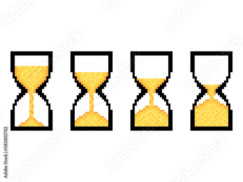 Pixel hourglass icon set isolated on white background. 8 bit sandglass timer in 2d retro style. Hourglass in pixel art style. Design of banners, marketing, promotional materials. Vector illustration