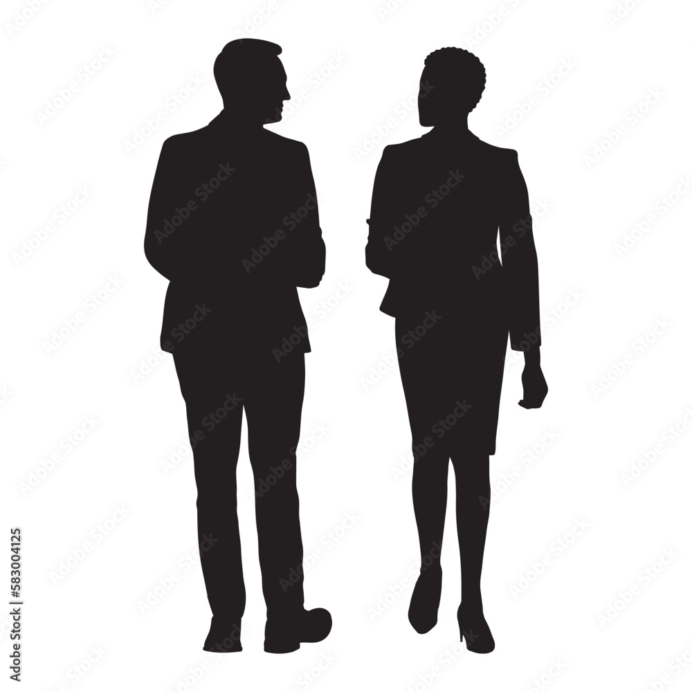 Business people wallking and talking vector silhouette.