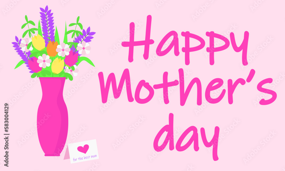 A pink vase with flowers in it that says happy Mother's Day.