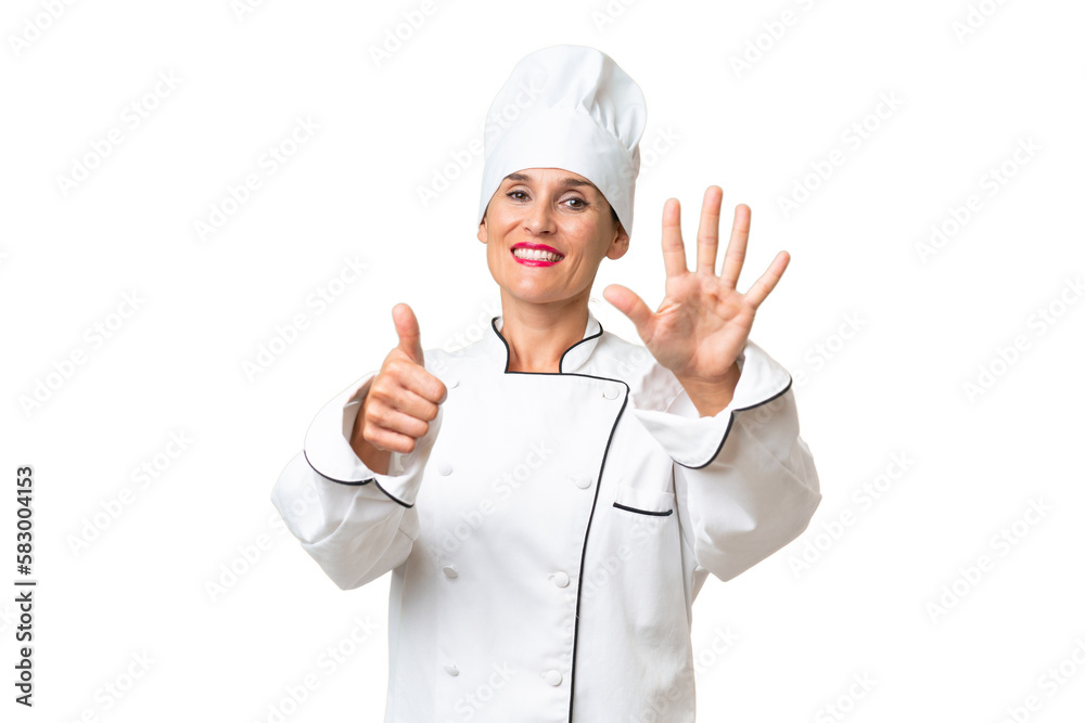 Middle-aged chef woman over isolated background counting six with fingers Middle-aged chef woman over isolated background counting six with fingers