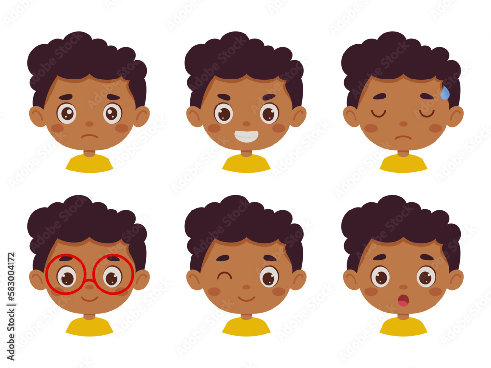 Cute cartoon little kid boy in various expressions and gesture. Cartoon child character showing different emotions. Vector illustration Cute cartoon little kid boy in various expressions and gesture. Cartoon child character showing different emotions. Vector illustration