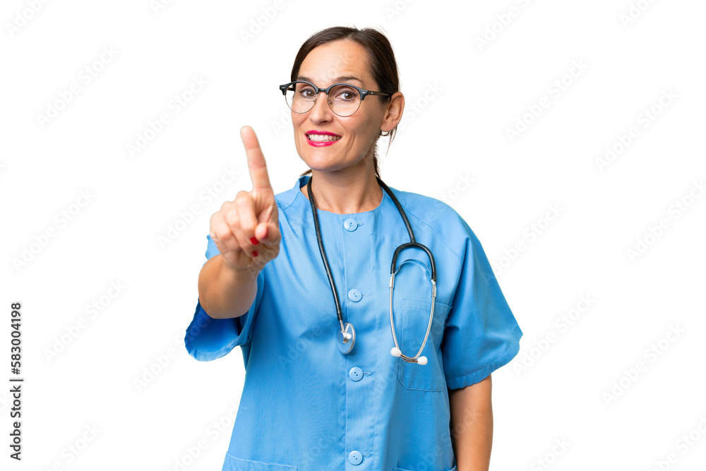 Middle-aged nurse woman over isolated background showing and lifting a finger Middle-aged nurse woman over isolated background showing and lifting a finger