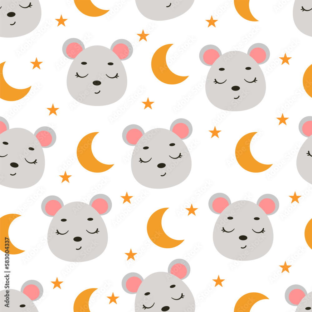 Cute little slipping mouse head seamless childish pattern. Funny cartoon animal character for fabric, wrapping, textile, wallpaper, apparel. Vector illustration