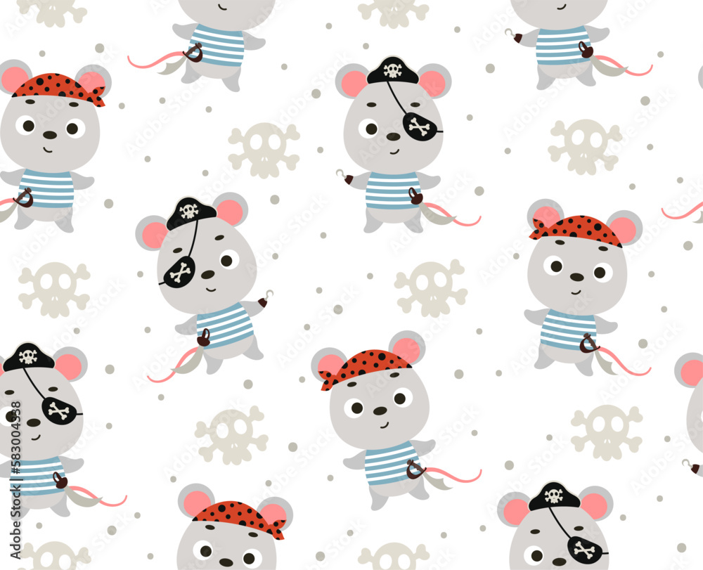 Cute little pirate mouse seamless childish pattern. Funny cartoon animal character for fabric, wrapping, textile, wallpaper, apparel. Vector illustration