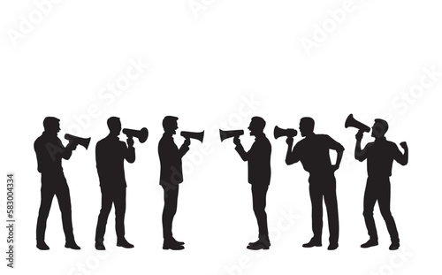 Group of businessman holding megaphone speaking into megaphone set silhouette.