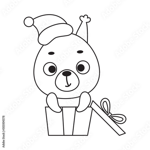 Coloring page cute little squirrel sitting in gift box. Coloring book for kids. Educational activity for preschool years kids and toddlers with cute animal. Vector stock illustration