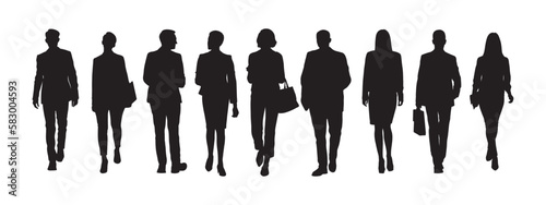 Group of business people walking front view vector silhouette.