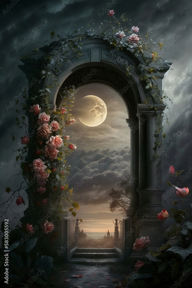 arch with bushes of pink roses with gloomy sky and full moon