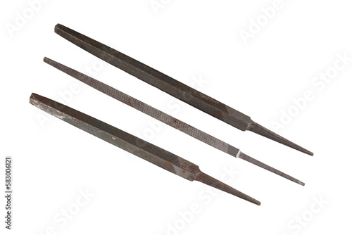 Three metal files, old, used. On a transparent background.