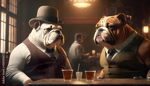 Two bulldogs dressed in suit havings drinks at an upscale bar. Relaxed nice environment. Generated by AI. photo