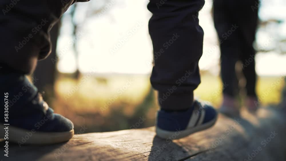 Group of children walks on a log in the park. People on the log.Children in the forest park walk in nature.Legs on a log summer walk.Teamwork of children in forest park.Girl child in nature at sunset.