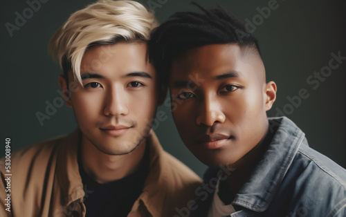 Young male gay couple. Asian ethnicity. Studio background. Concept of LGBT love. Shallow field of view. Illustrative Generative AI. Not real people.